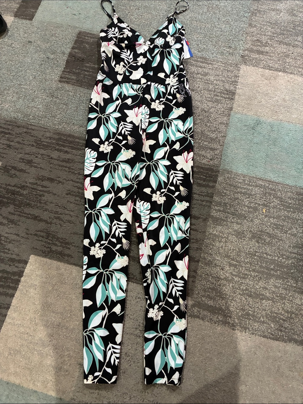 Roxy Black Floral V-Neck Jumpsuit with Mint and White Leaves